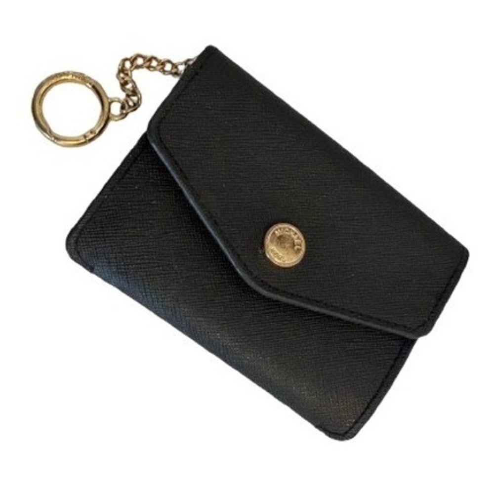 Michael Kors Black Saffiano Leather Card Holder Keychain Gold Hardware Wallet